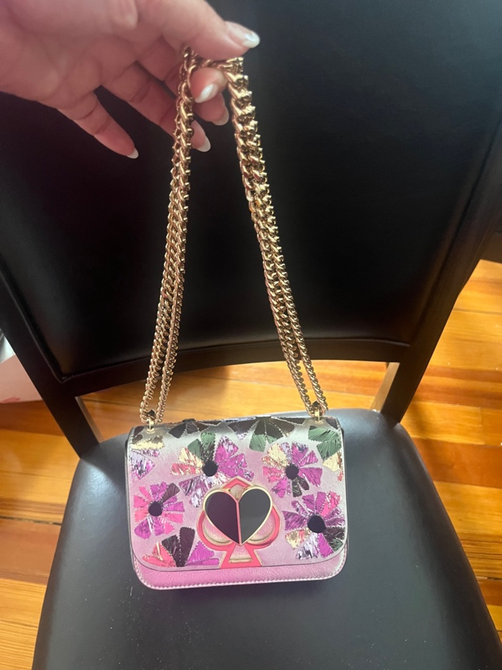 kate spade metallic silver floral chain shoulder bag with gold hardware